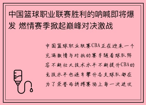 中国篮球职业联赛胜利的呐喊即将爆发 燃情赛季掀起巅峰对决激战