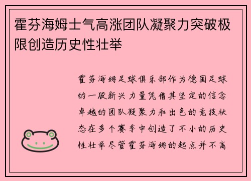 霍芬海姆士气高涨团队凝聚力突破极限创造历史性壮举