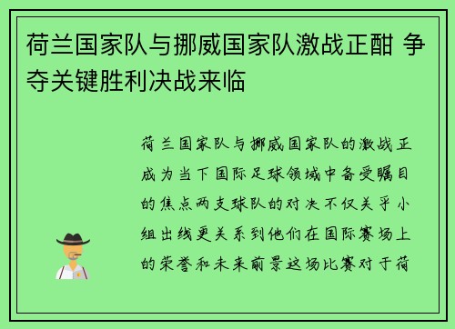 荷兰国家队与挪威国家队激战正酣 争夺关键胜利决战来临