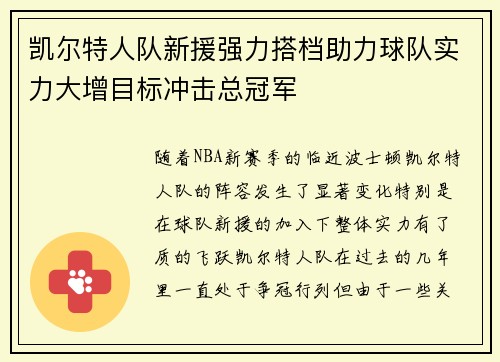 凯尔特人队新援强力搭档助力球队实力大增目标冲击总冠军